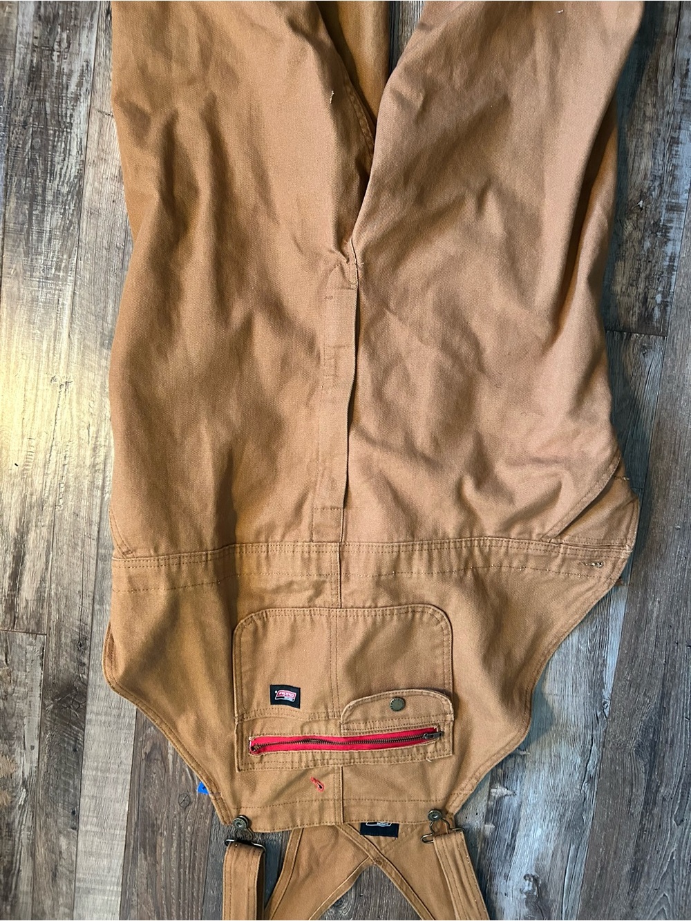 Dickies Men's Brown Cargo Bib Overalls with Red Zip Accent